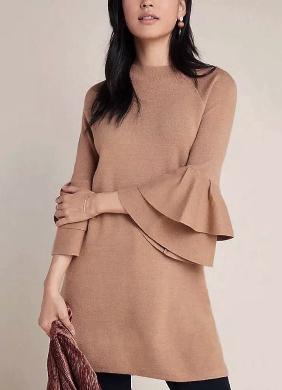nwt by ANTHROPOLOGIE sz M Claudette Ruffled Sweater Dress in Shimmer Gold Tan